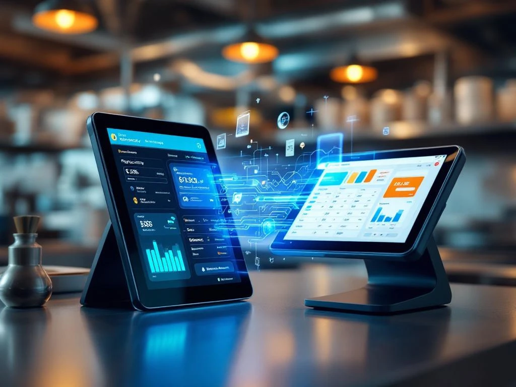 Tablet met automatische inkoopsoftware verbonden via digitale datastromen met kassasysteem in commerciële keukenomgeving