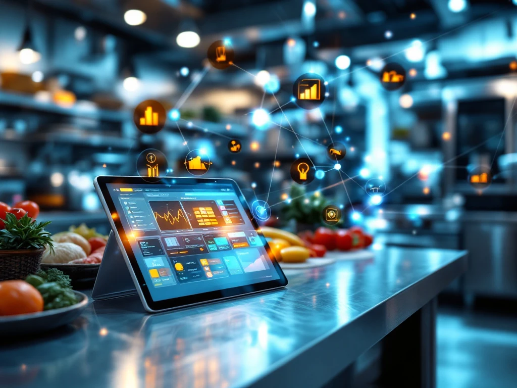 Tablet met digitale bestelinterfaces op roestvrijstalen aanrecht in moderne commerciële keuken met holografische datavisualisaties