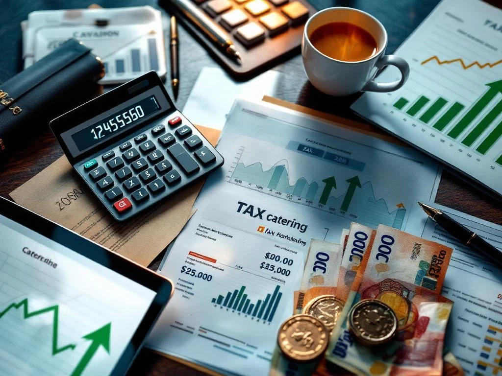Moderne bureautafel met rekenmachine, eurorekeningen, belastingdocumenten en tablet met financiële grafieken