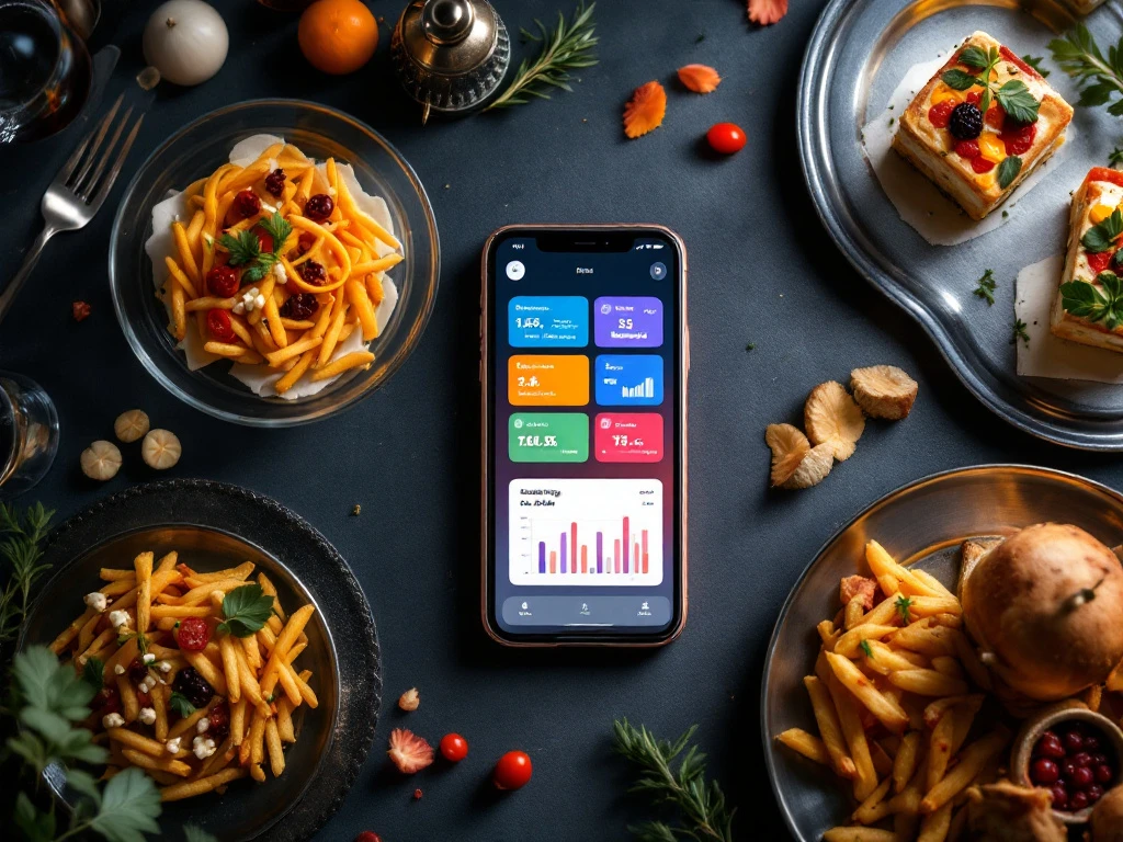 Smartphone met catering management app omringd door zilveren serveerplateaus, hapjes en wijnglazen op elegante tafel