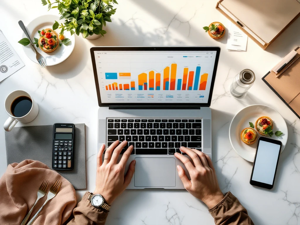 Laptop met financiële grafieken op marmeren bureau omringd door cateringbenodigdheden en rekeningen