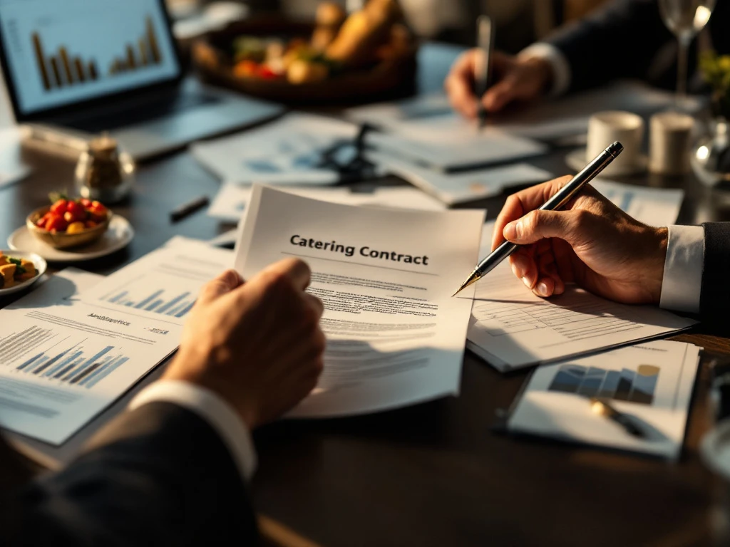 Zakenman houdt verkreukeld cateringcontract vast naast laptop met analytics en voorstel documenten op conferentietafel