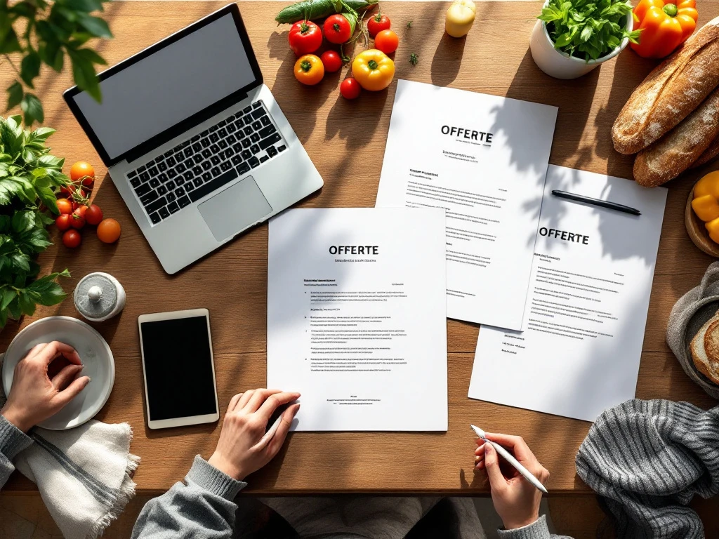 Houten bureau met catering offerteformulieren, laptop, tablet en verse ingrediënten in professionele werkruimte