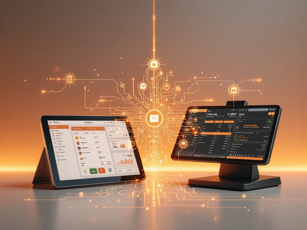 Tablet met catering software verbonden aan restaurant POS-systeem via digitale datastromen, professionele keuken technologie