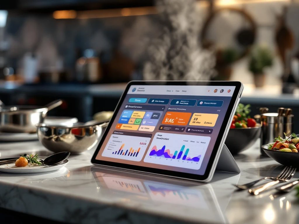 Catering software dashboard op tablet met menu planning, ordergrafieken en planning tools op marmeren keukenblad