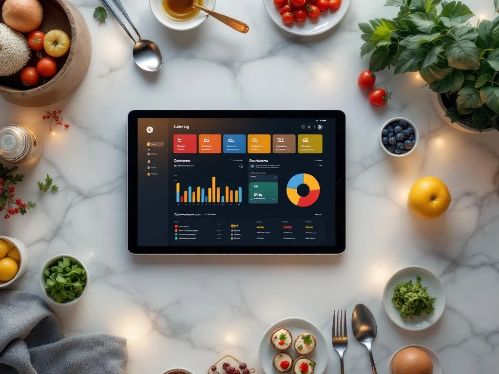 Tablet met cateringbeheer software op marmeren oppervlak omringd door serveerbestek en ingrediënten
