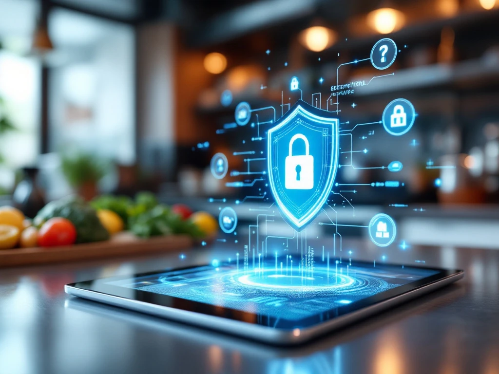 Tablet met digitale beveiligingsinterface op restaurantkeuken aanrecht, holografische blauwe schildiconen zweven erboven
