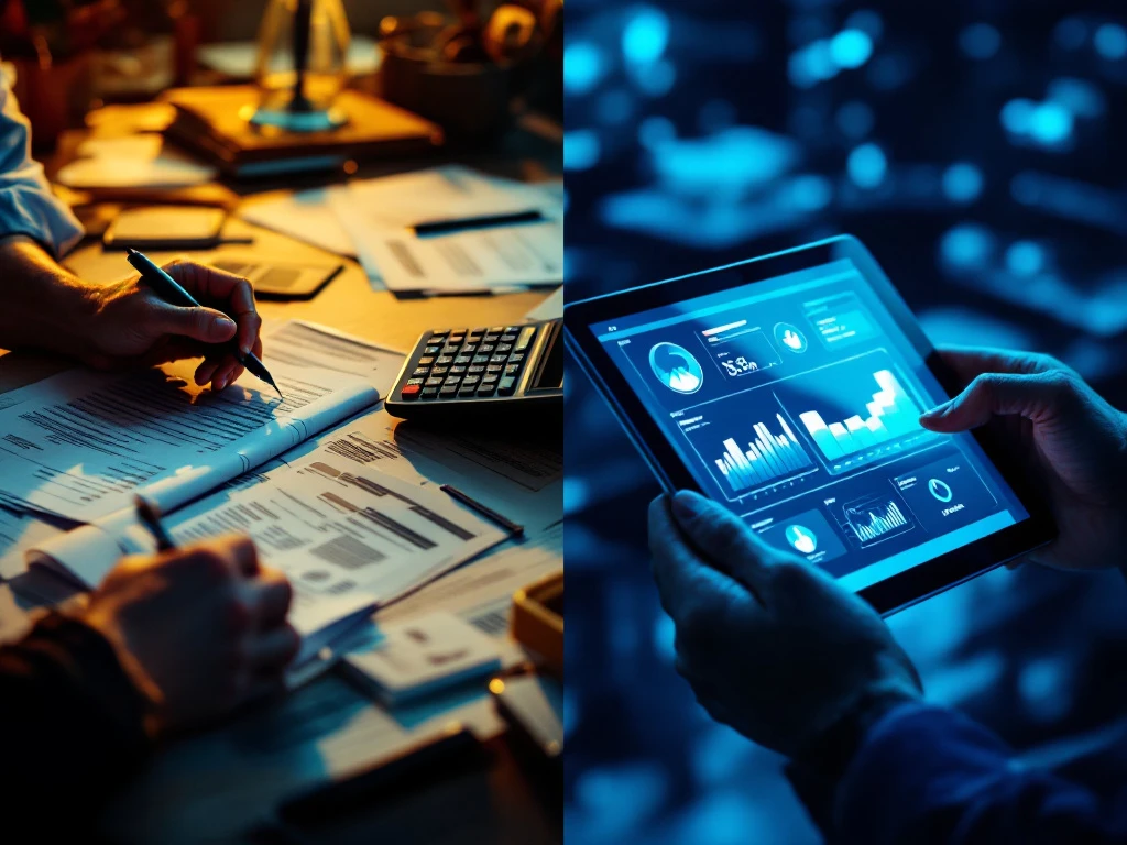 Gesplitst scherm toont traditionele papieren facturen versus geautomatiseerde digitale inkoopprocessen voor horecabedrijven