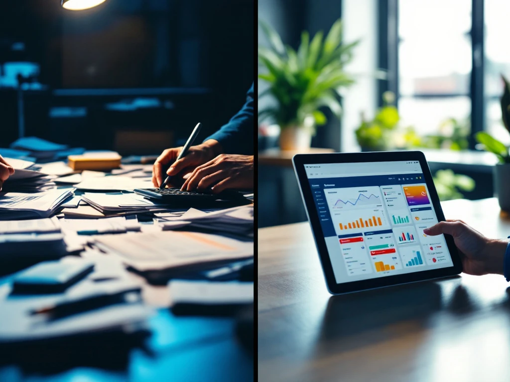 Split-screen vergelijking van handmatige versus geautomatiseerde inkoop: rommelig bureau met papieren tegenover moderne tablet