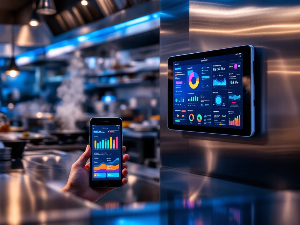 Moderne commerciële keuken met digitale tablet en smartphone die keukenmanagementsoftware tonen