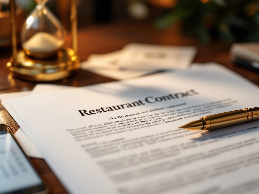 Restaurantcontract op houten tafel met gouden vulpen, smartphone met agenda en cateringmenu's op achtergrond