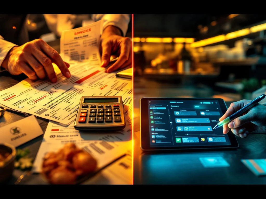 Split-screen vergelijking van chaotische papieren facturen versus georganiseerde digitale bestelinterface op tablet in professionele keuken