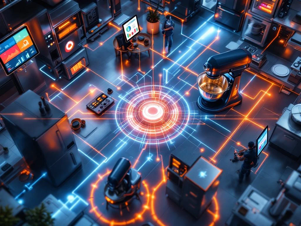 Moderne keuken met slimme apparaten verbonden door gloeiende datastromen, tablets tonen dashboards met grafieken