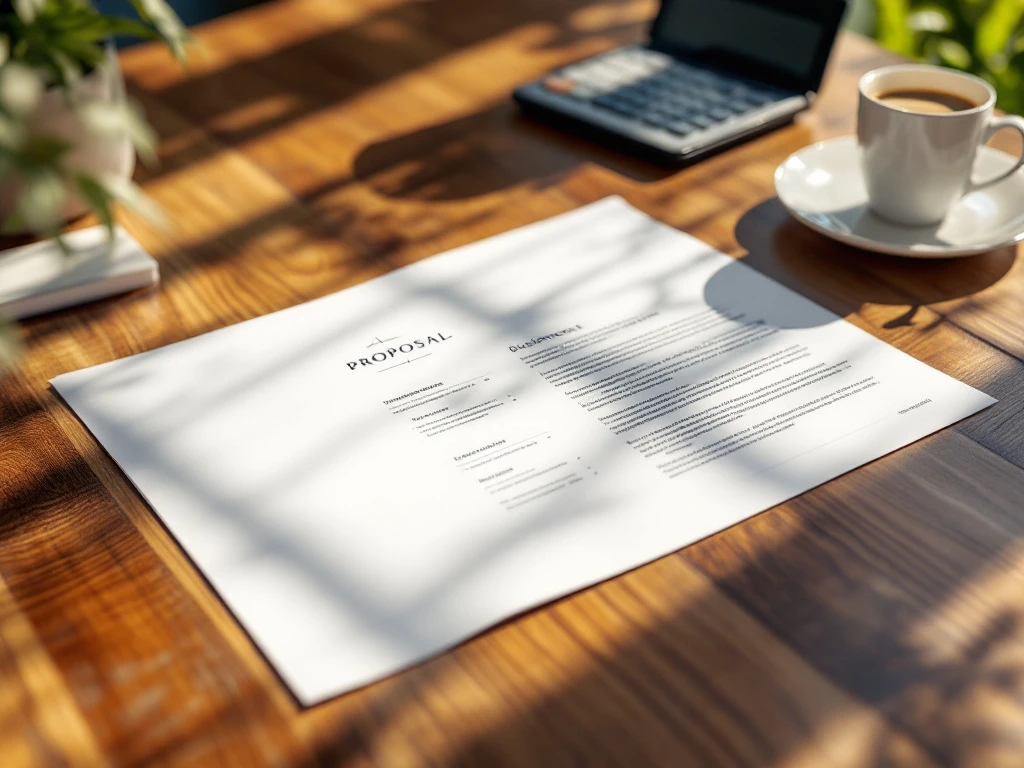 Open zakelijk voorstel document op houten bureau met pen, calculator en koffiekop in professionele kantooromgeving